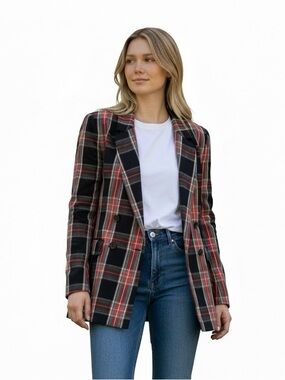 Ann Taylor Plaid Relaxed Double Breasted Blazer Red Black Plaid 2P